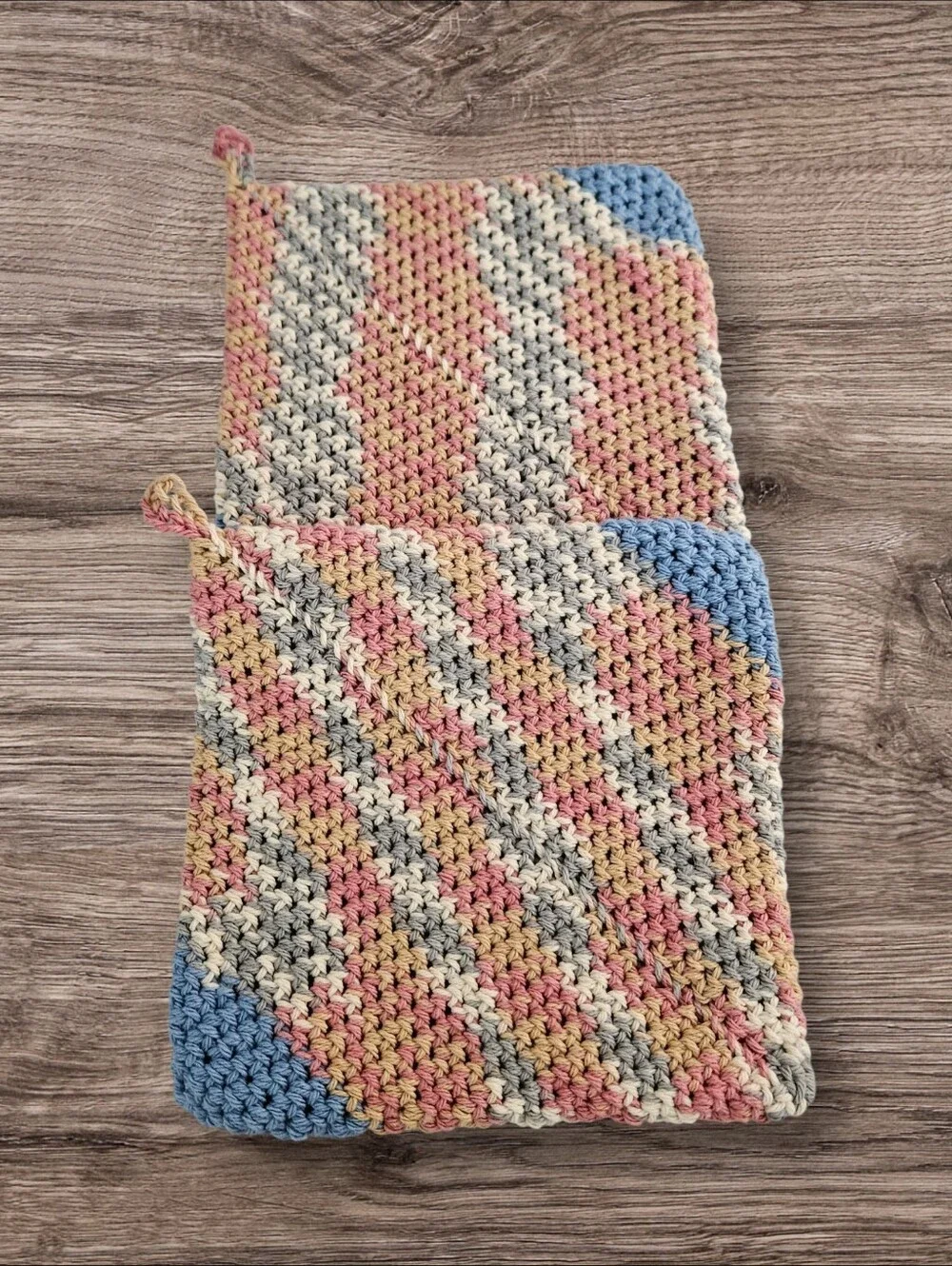 Crochet Potholder Set: Antique Blue With Rosy Cheeks Contrast Stripe